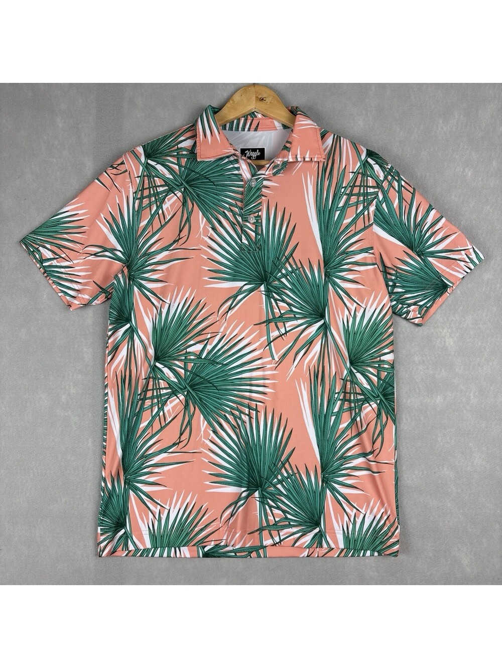 Waggle‎ Polo Shirt Mens Medium Pink Green Palm Tree AOP Print Performance Golf
